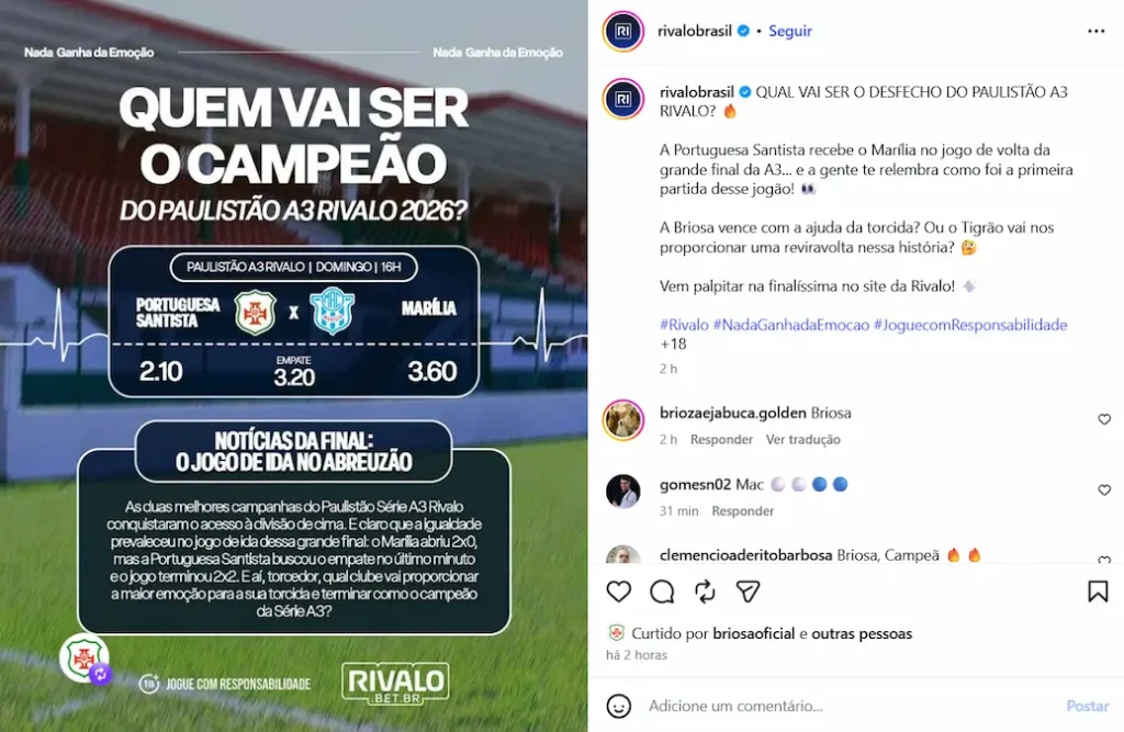 Print da Rivalo. Odds que apontam o MAC como zebra na final.