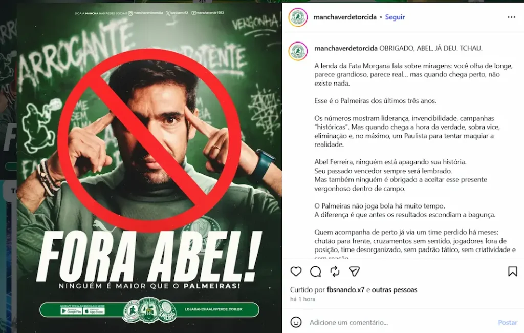 Mancha Verde (Principal organizada do Palmeiras) pede saída de Abel Ferreira