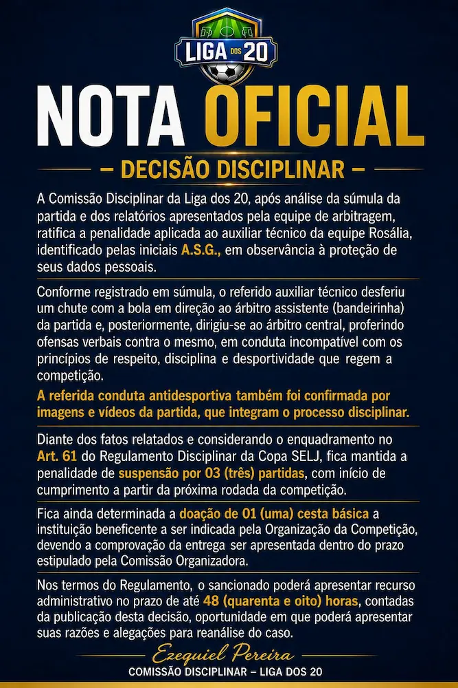 divulgação liga dos 20 punição