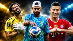 Montagem com escudos de clubes brasileiros e fotos de jogadores como Neymar e Firmino.