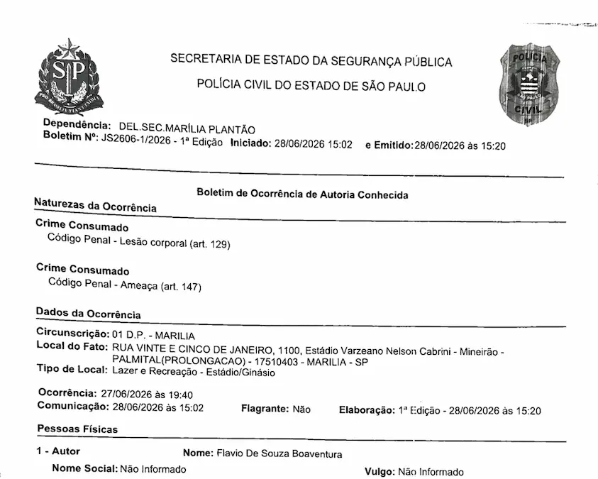 Boletim de ocorrência registrado após o episódio passou a integrar os desdobramentos do caso e os procedimentos adotados pelas autoridades competentes. (Foto: Divulgação)