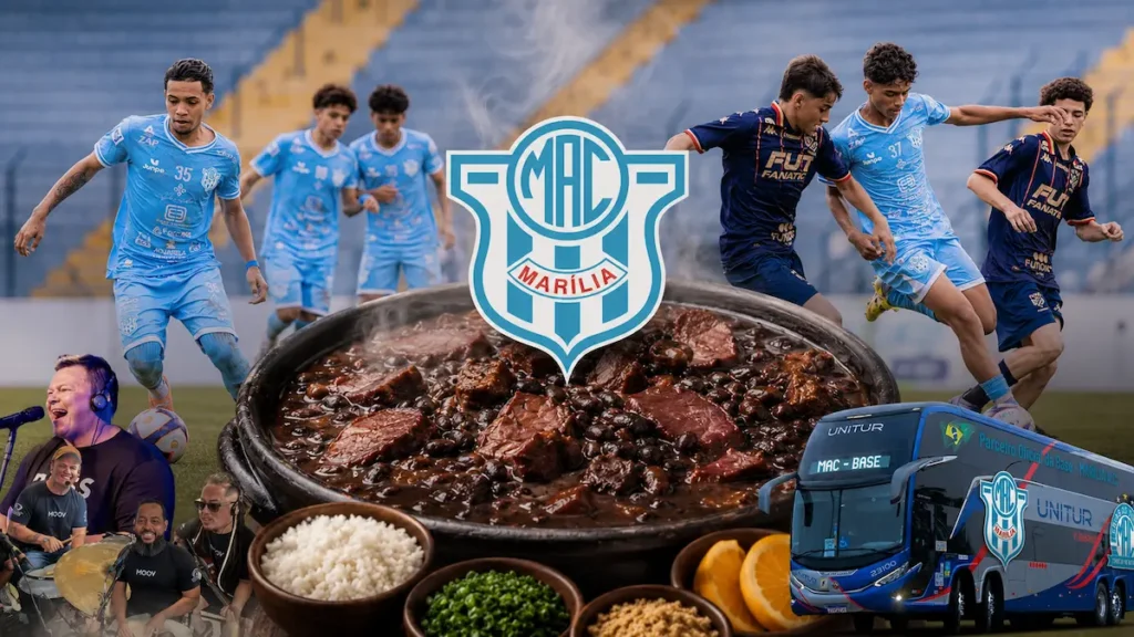 Cartaz oficial da II Feijoada Completa em prol das categorias de base do Marília Atlético Clube com informações de data, local e contato.