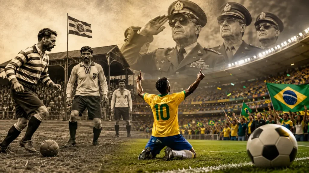 Jogadores de futebol clássicos em campo antigo.