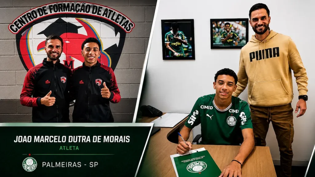 O técnico Vinicius Fernandes teve papel decisivo na formação e evolução técnica de João Marcelo durante sua trajetória na CFAM Pedro Sola e no Marília. (Foto: Divulgação/CFAM Pedro Sola; arte: Edmais Esporte/IA).