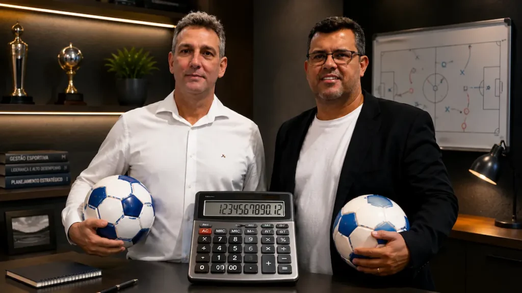 Técnico Ricardo Costa e o presidente Alysson Alex acompanham a reta final da Copa Paulista; Marília não depende mais de si para avançar diretamente e tem a repescagem como alternativa (Foto: Divulgação/Montagem por IA)