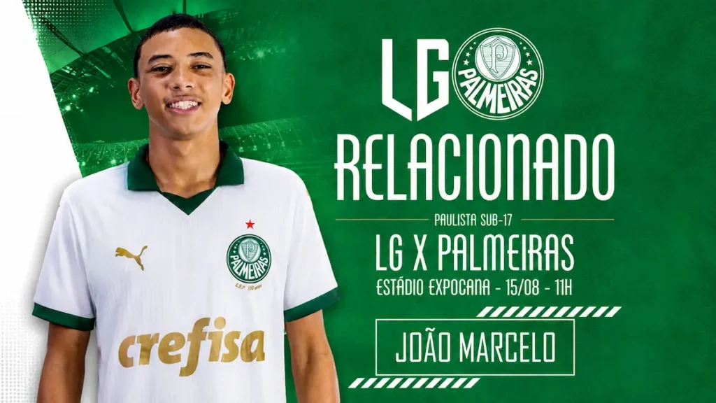 João Marcelo é relacionado pela primeira vez pelo Palmeiras e pode estrear neste sábado contra o LG Futebol Clube.