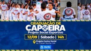 Cerimônia de Graduação de Capoeira acontece neste sábado, com entrega de novas cordas, entrada gratuita e evento aberto ao público.