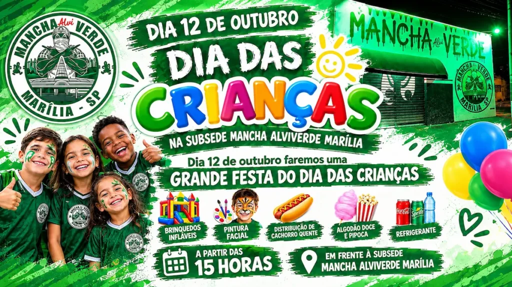 Cartaz de divulgação da campanha social do Dia das Crianças da Mancha Alviverde Marília, com informações sobre doações e chave Pix.